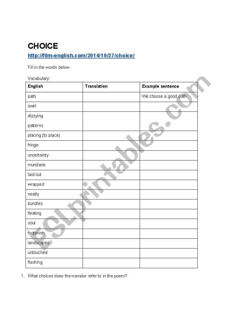 Choice (based on short film) worksheet