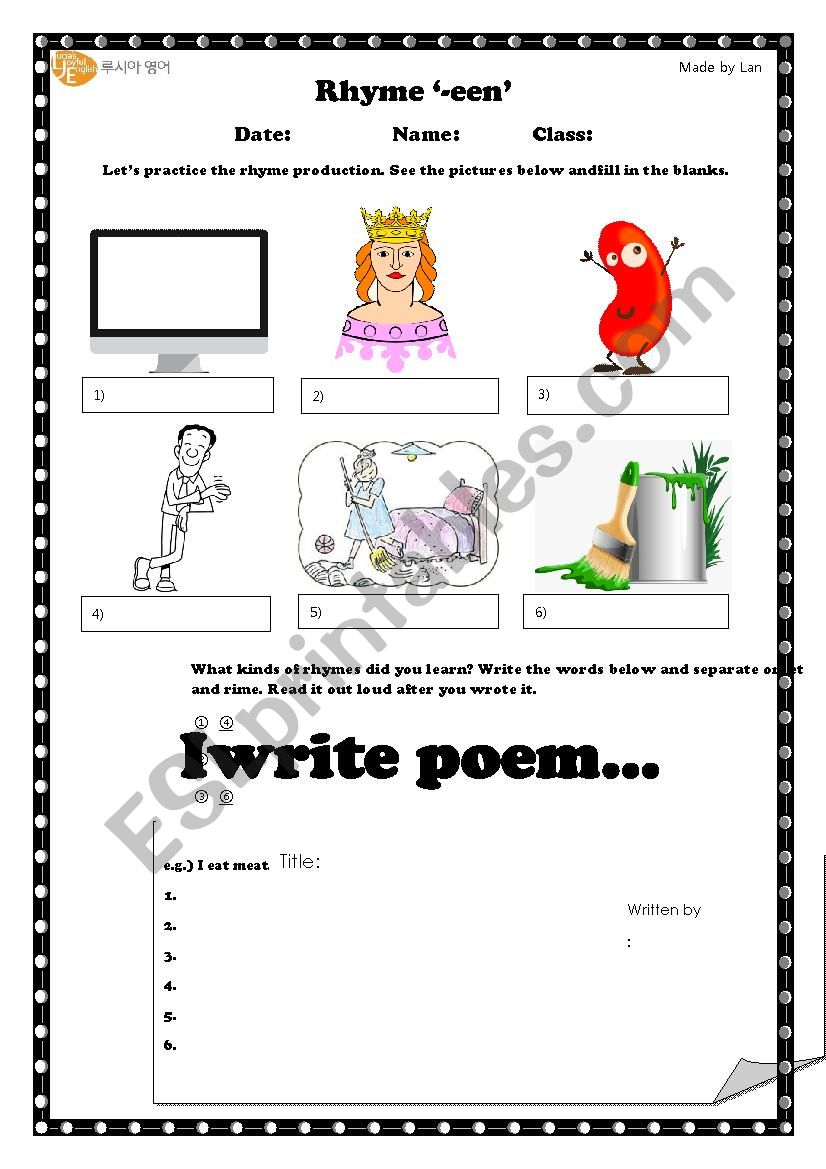 rhyme /een/ worksheet