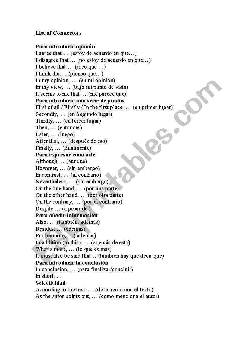 List of Connectors worksheet