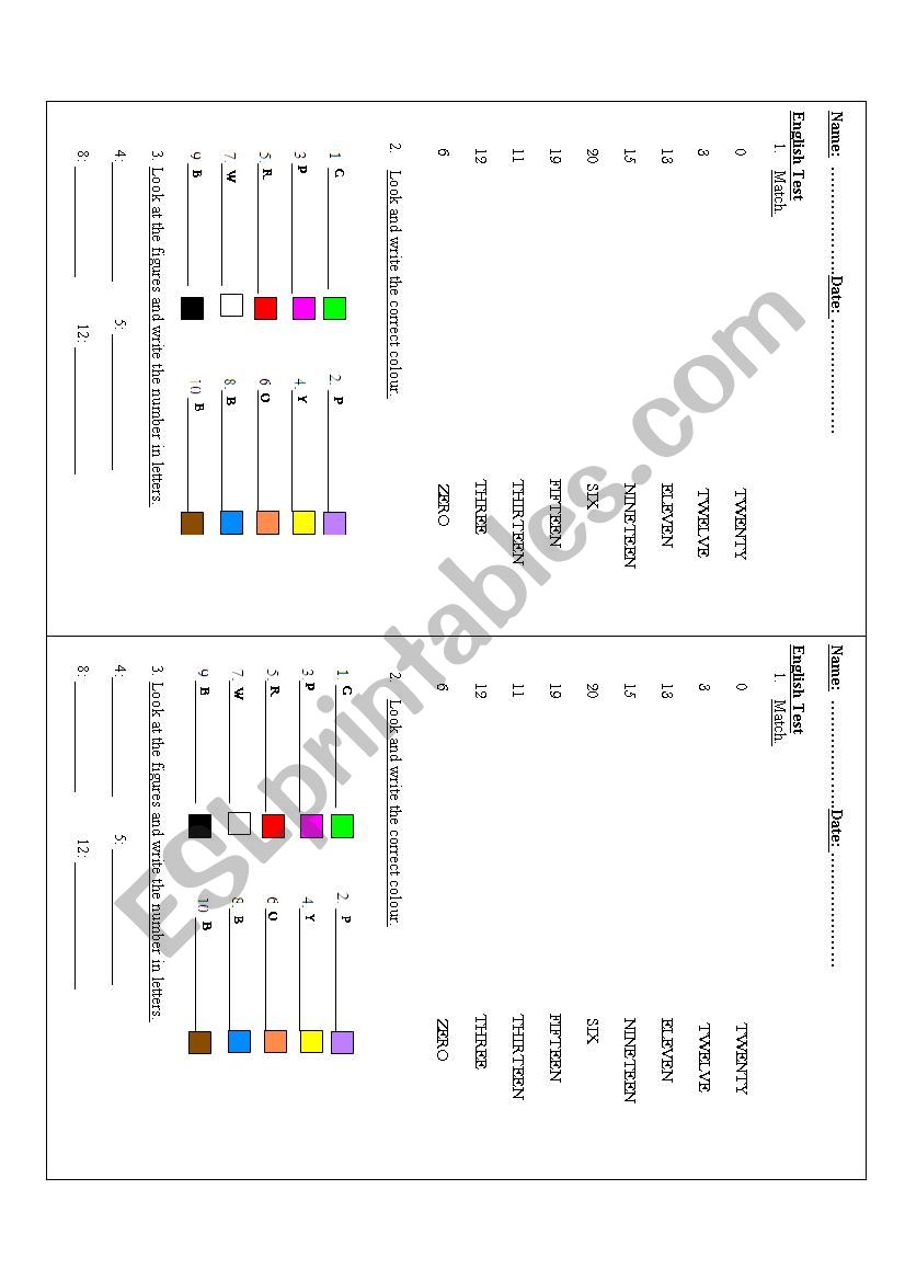 short test on numbers 0-20 and colours