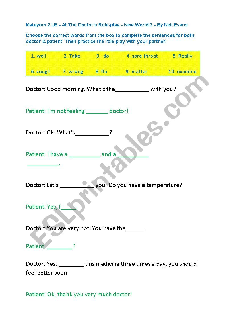 At The Doctors Role Play Esl Worksheet By Ndevans