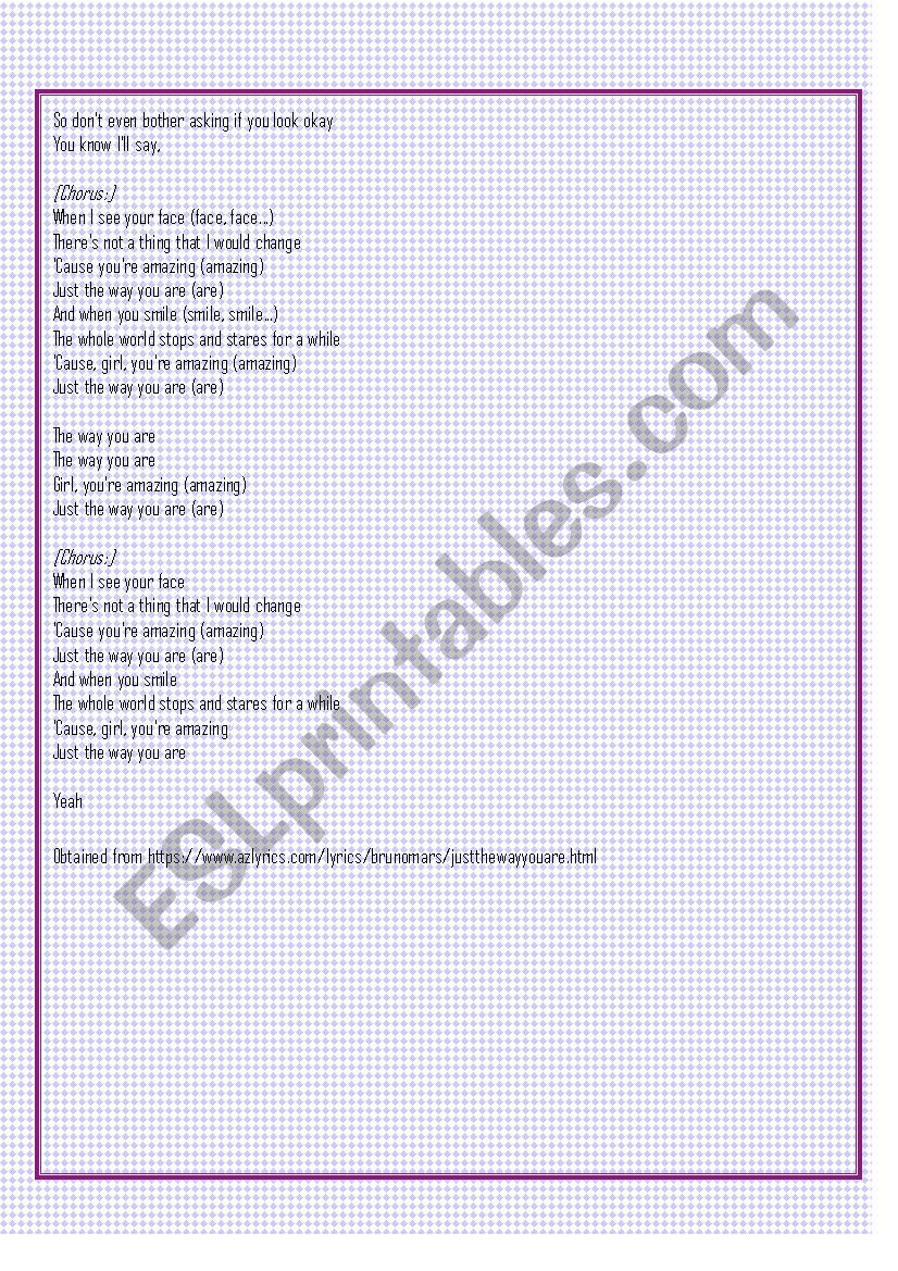 Learning With Songs Just The Way You Are Esl Worksheet By Adyene