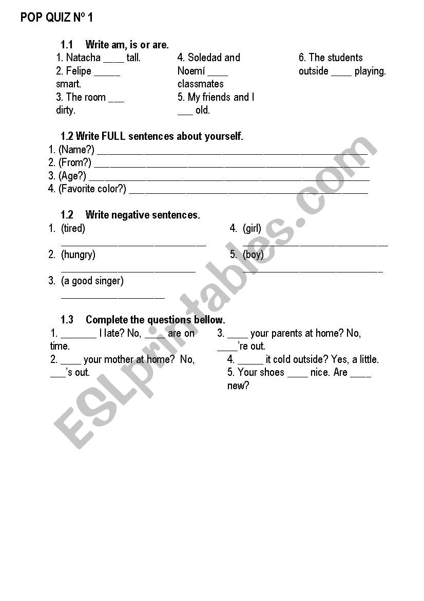 AM ARE IS QUIZ worksheet
