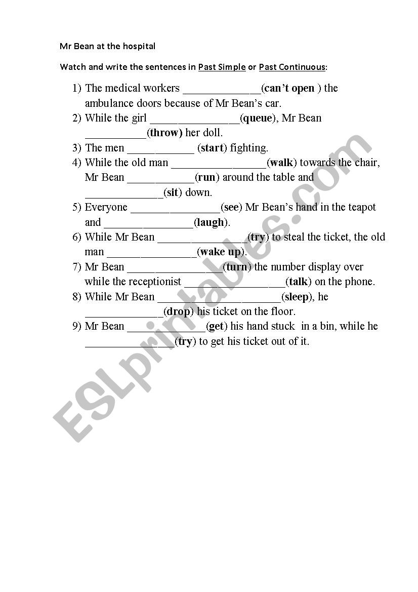 Video worksheet Mr Bean at the hospital