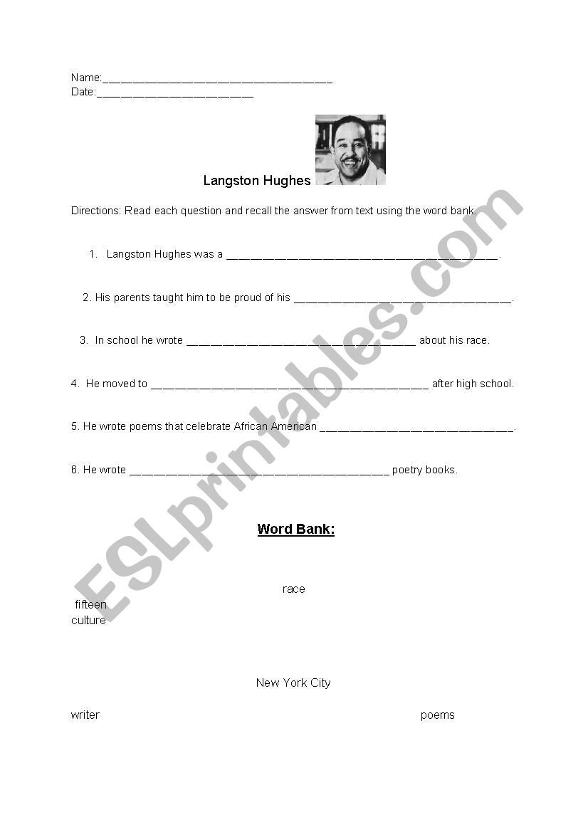 Langston Hughes WH Questions  worksheet