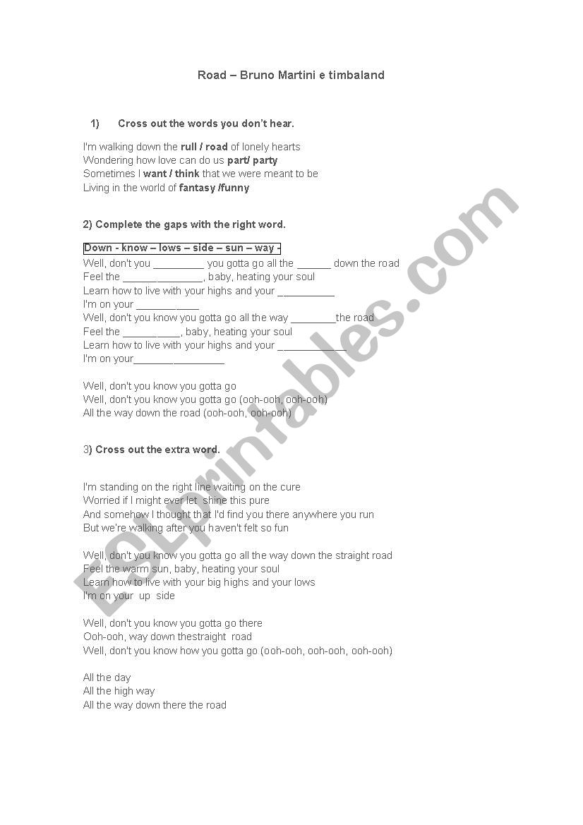 Lyrics: Road - Bruno martini worksheet