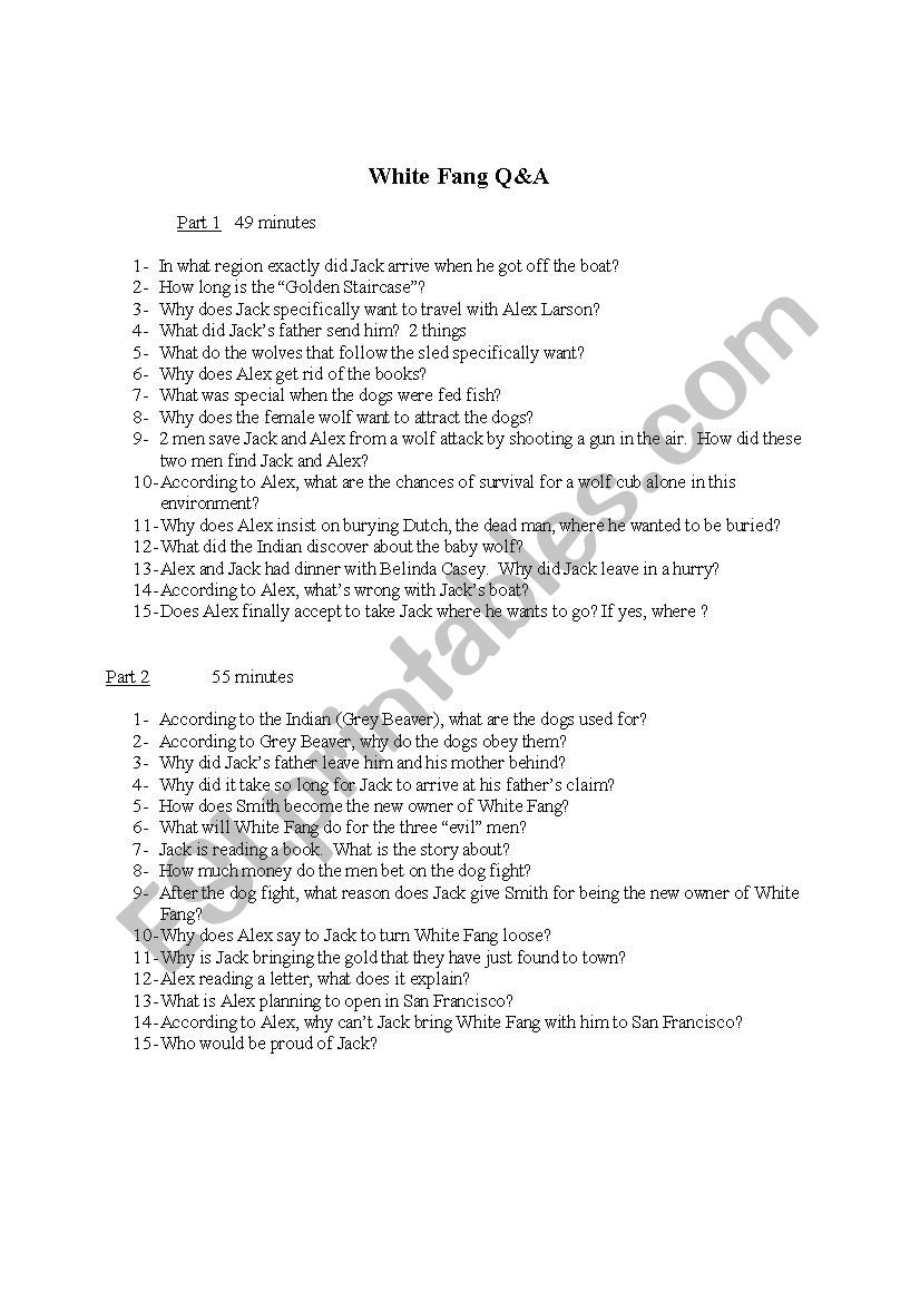 White Fang movie Q&A worksheet