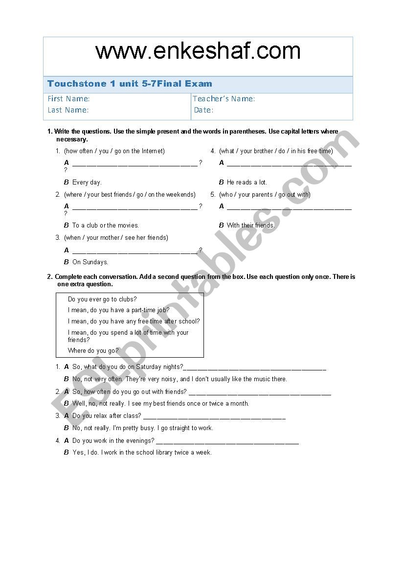 Touchstone 1 unit 5-7 quiz worksheet