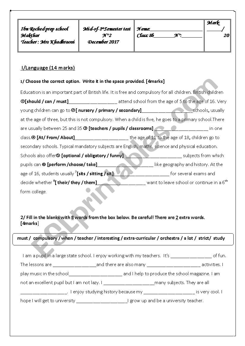 Mid-of-1st semester test n2 8th form