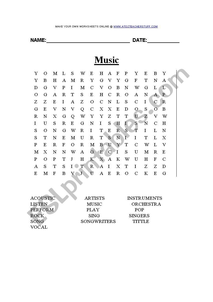 Music vocabulary worksheet - ESL worksheet by Alliebell