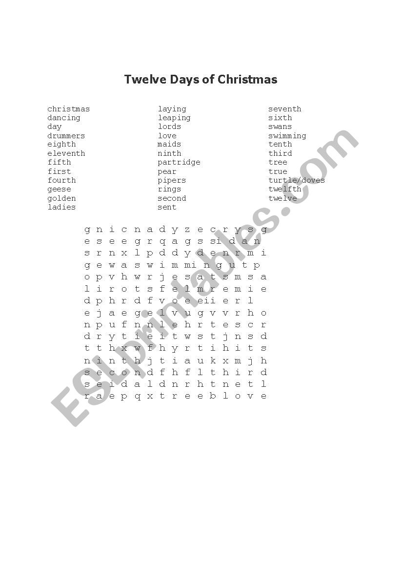 Twelve Days Of Christmas Word Search ESL Worksheet By Slkchina