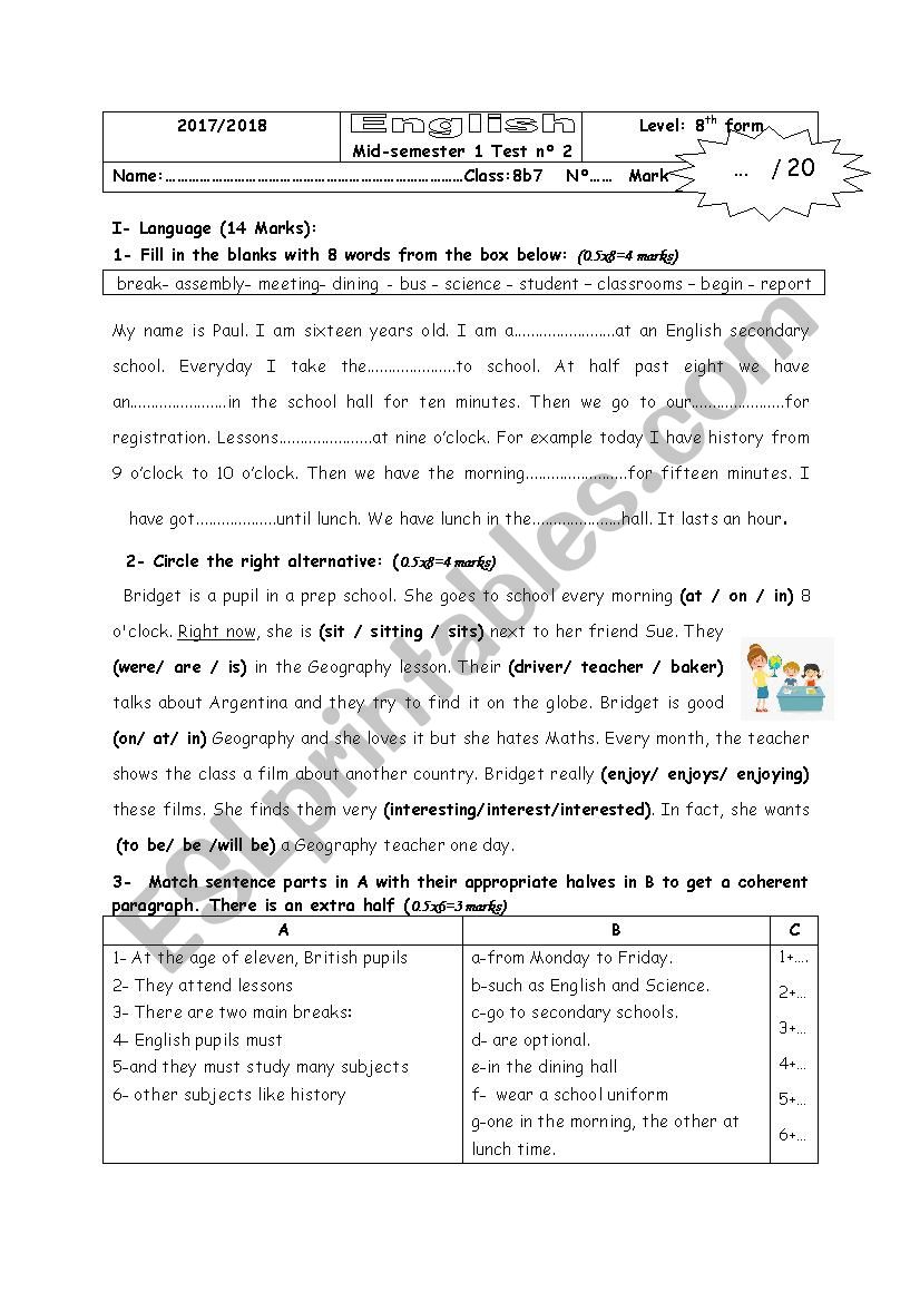 Mid-semester 1 Test n°2 8th form - ESL worksheet by botolo