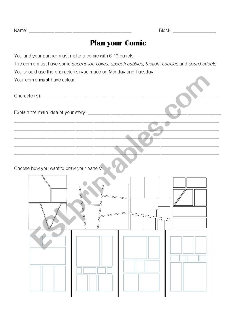 Comic Project - Planning worksheet