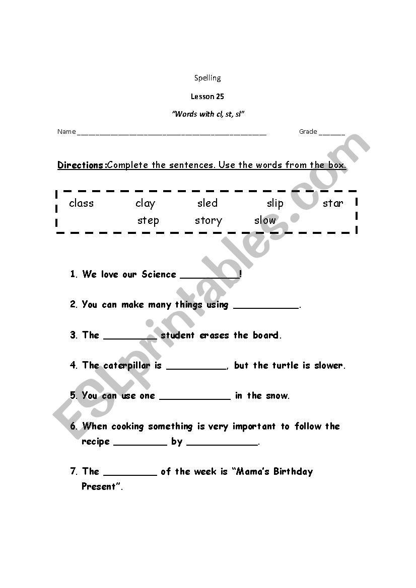 Beginning Blends cl, st, sl worksheet