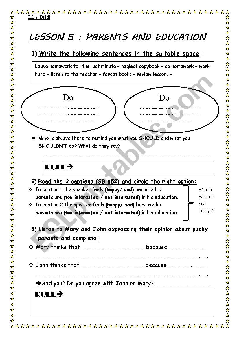 Pushy parents worksheet