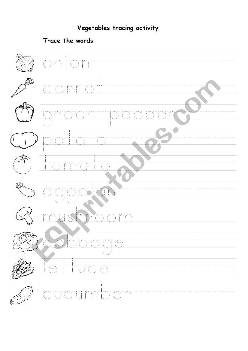 vegetables tracing activity 1 esl worksheet by nesmecik