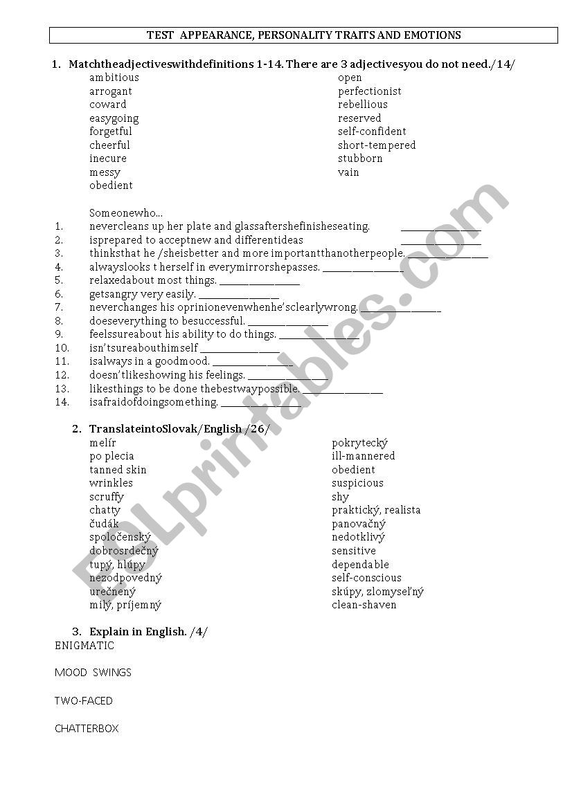 VOCABULARY TEST APPEARANCE_PERSONALITY TRAITS_EMOTIONS