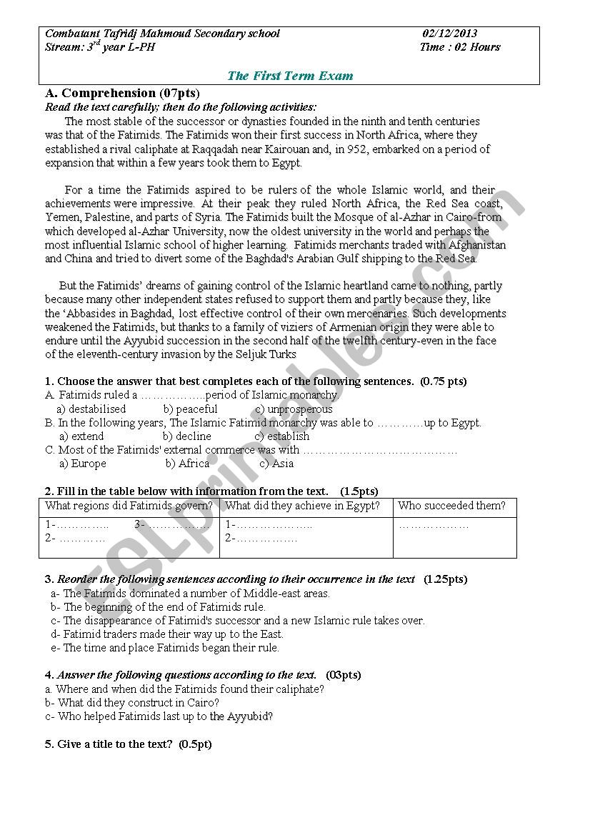 exam about Fatimids worksheet