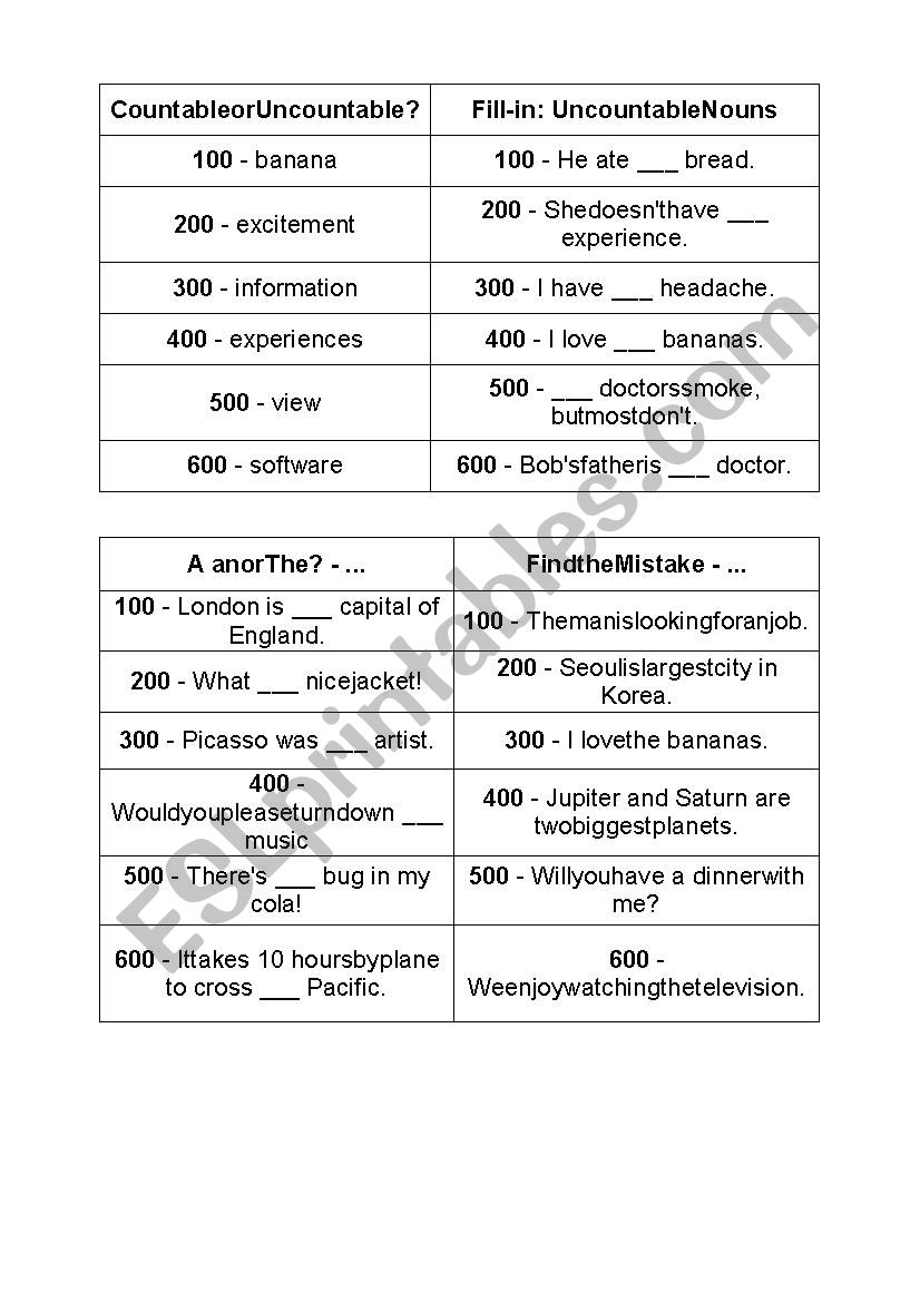  Countable and Uncountable Nouns Jeopardy