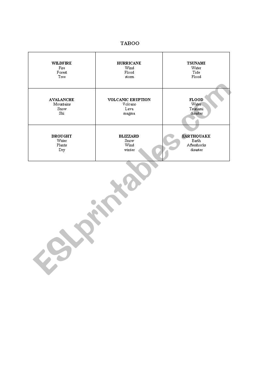 Natural disasters - taboo worksheet