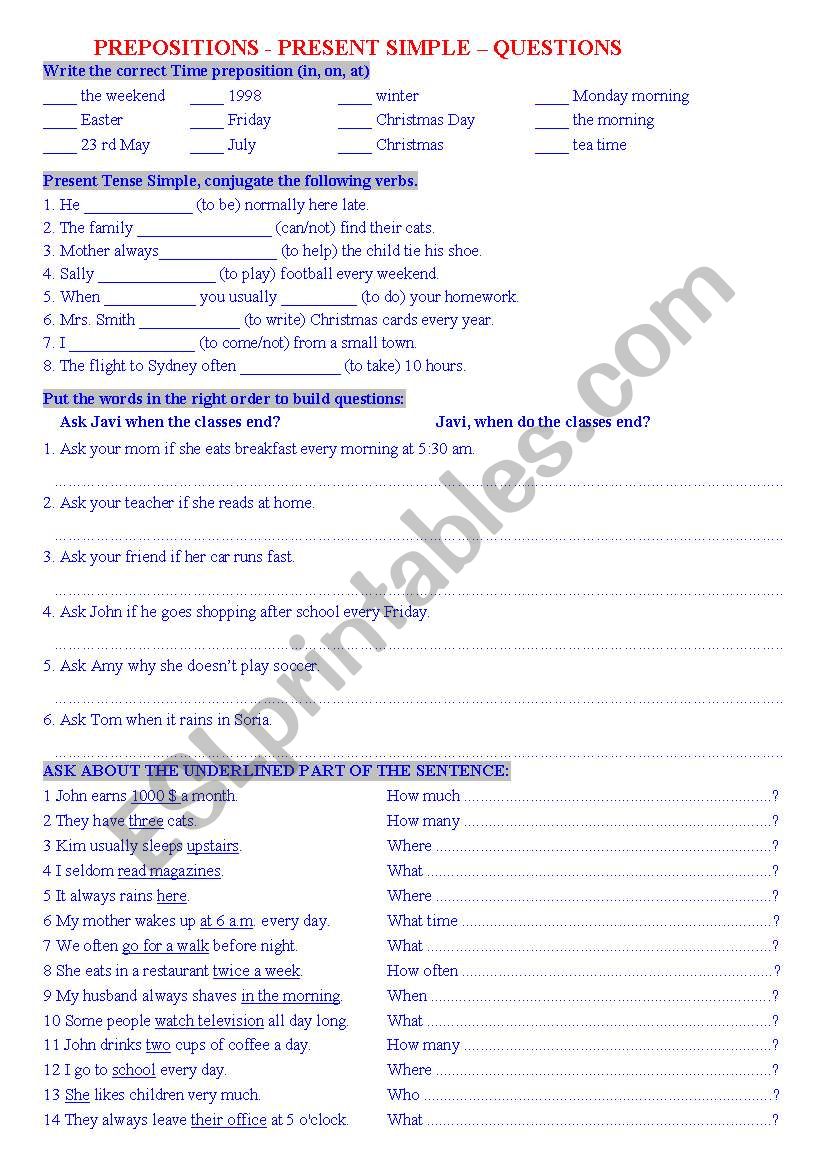 PREPOSITIONS - PRESENT SIMPLE – QUESTIONS - ESL worksheet by franpancho