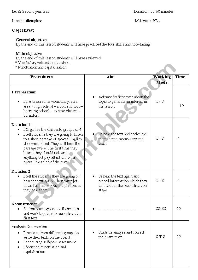 LESSON PLAN DICTOGLOSS worksheet