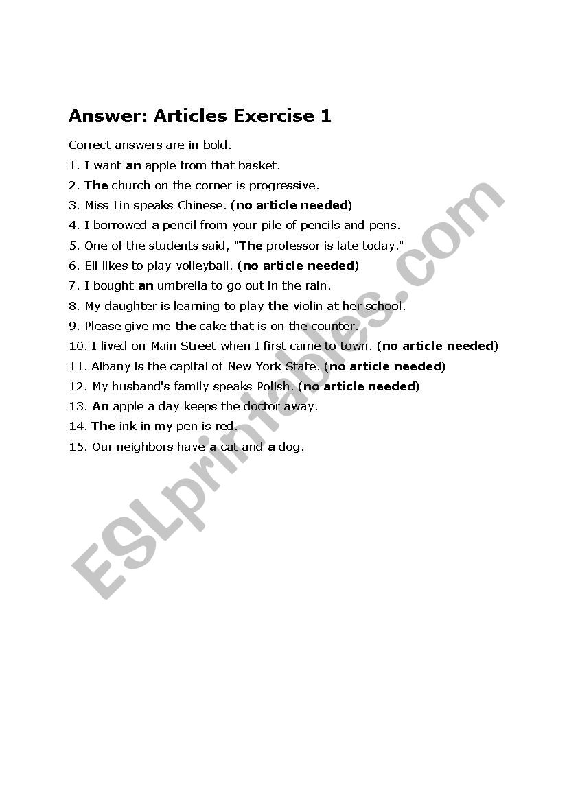 Article Exercise With Answers Esl Worksheet By Legend