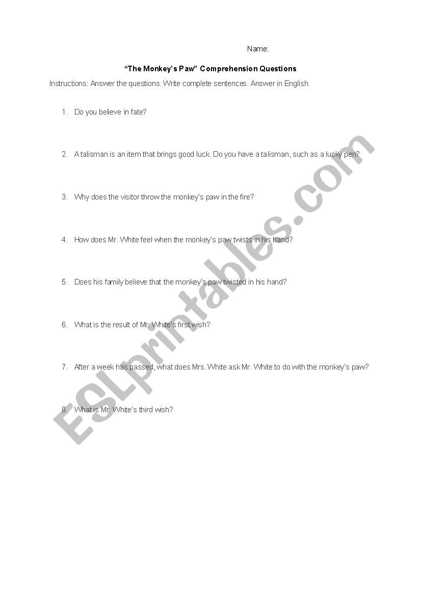 The Monkey´s Paw Comprehension Questions ELL ESL worksheet by jmedf2