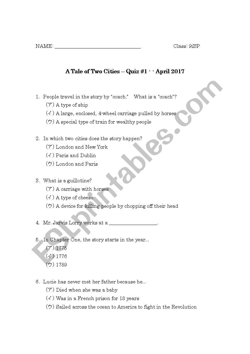 A Tale Of Two Cities Graded Reader Quiz 1 Esl Worksheet By Eisujason