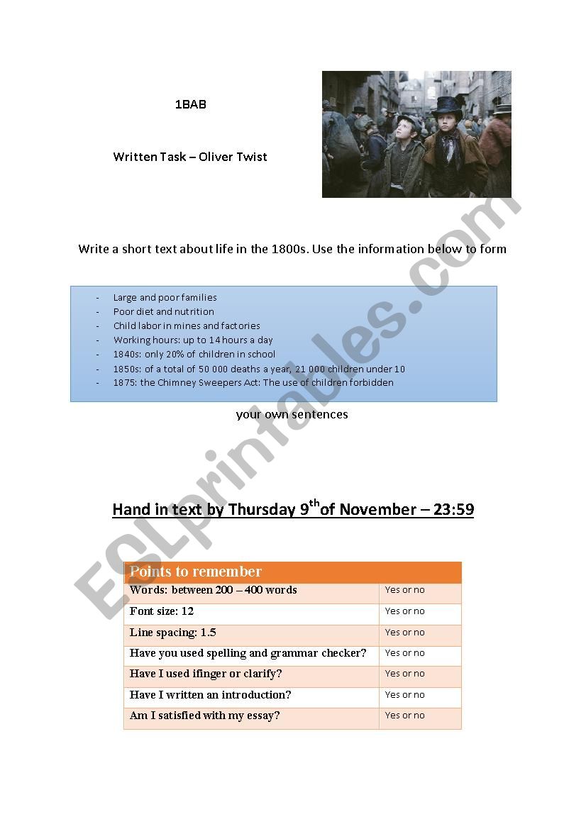 Oliver Twist - Written Task worksheet