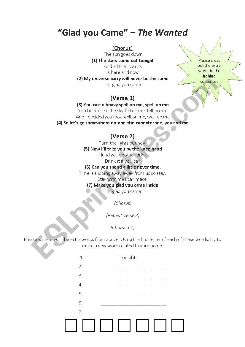 Glad you came - Listening Worksheet