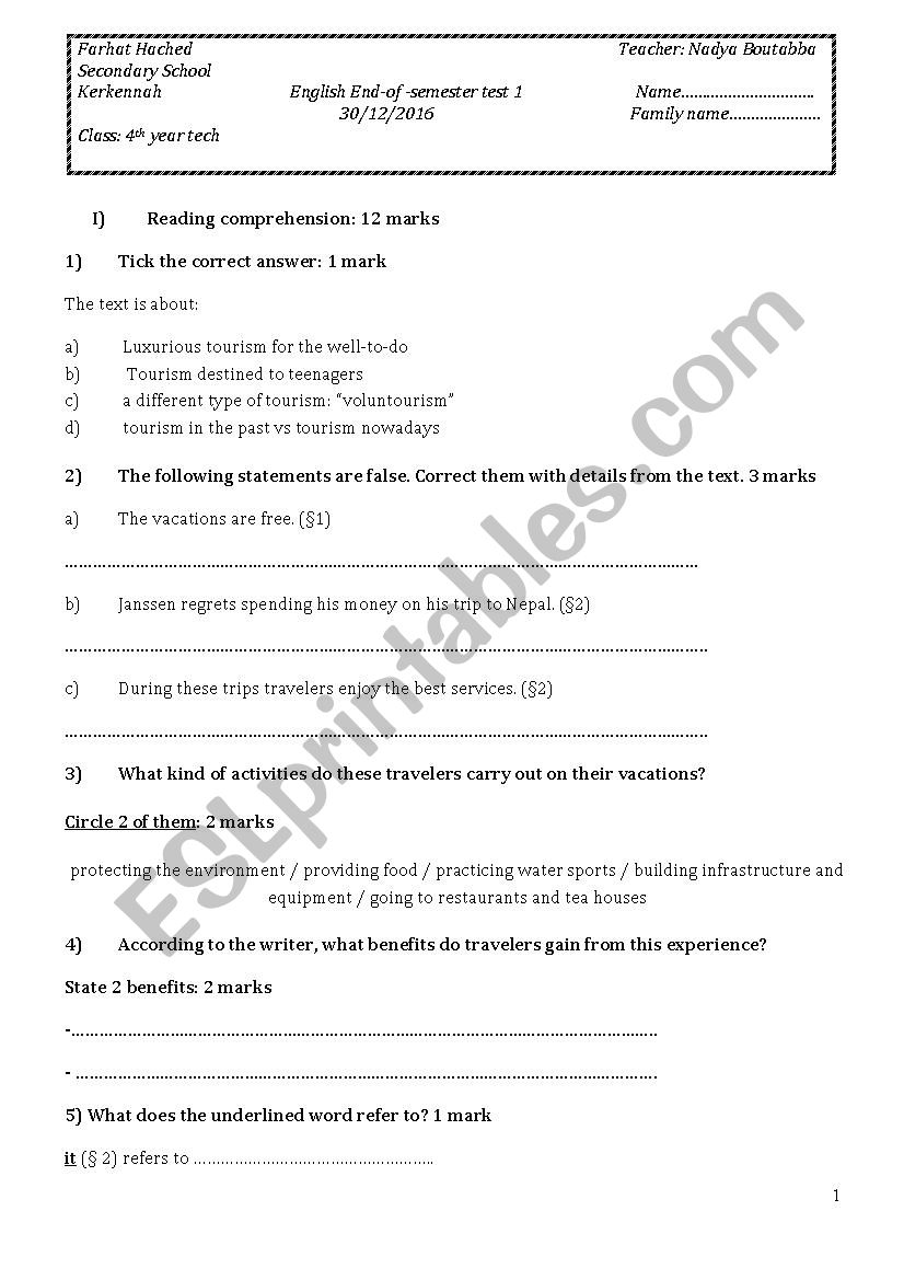 devoir de synthèse n° 1 bac technique - ESL worksheet by nani and malam