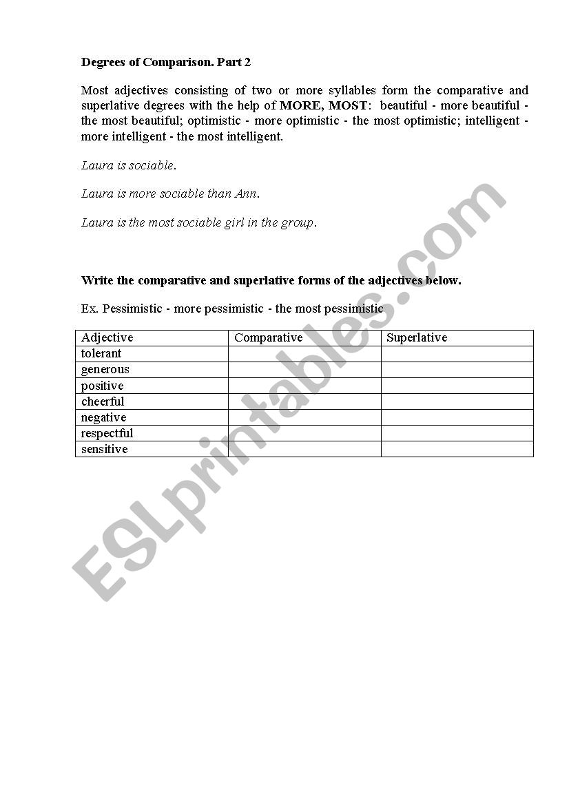 Degrees of comparison worksheet