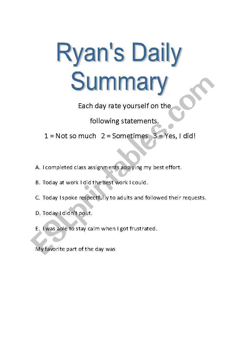 Self Reflection worksheet