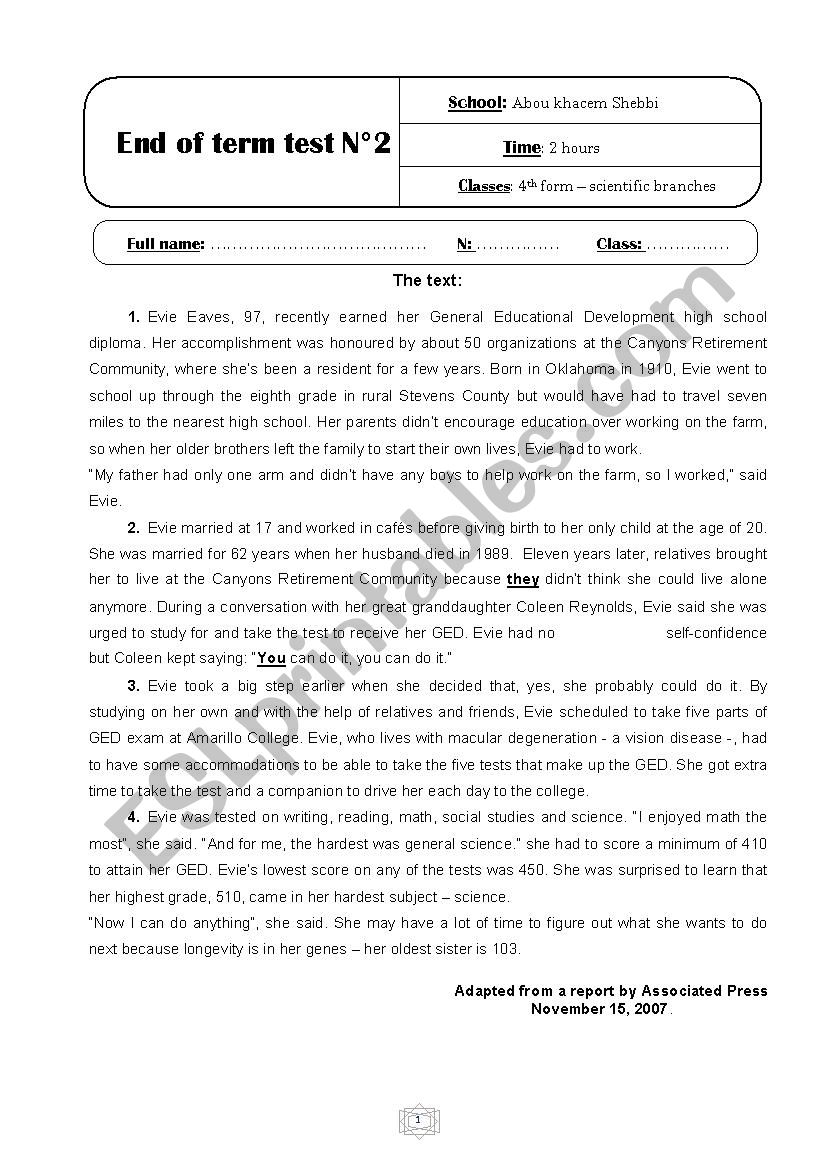 End of term test 2 - level 4 - scientificbranches