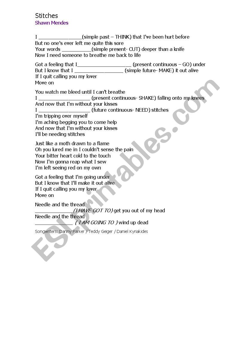 Stiches- song lyrics worksheet
