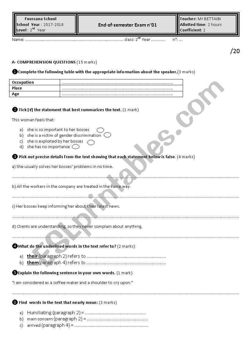 2ND YEAR EXAM 1ST SEMESTER worksheet