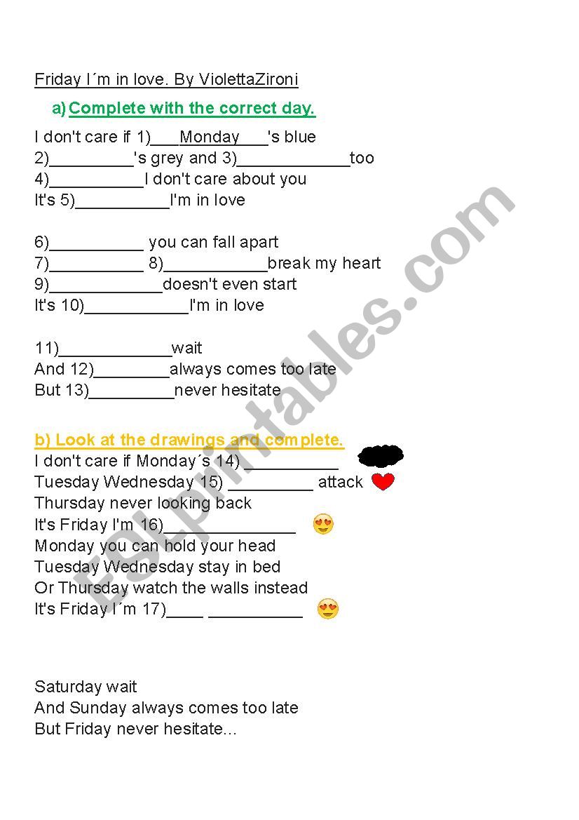 Friday Im in love worksheet