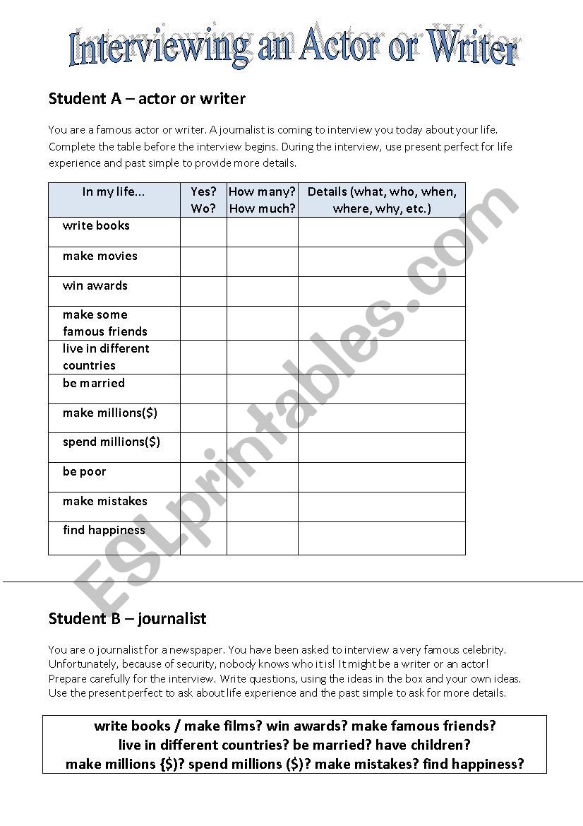 Interviewing an actor or worksheet