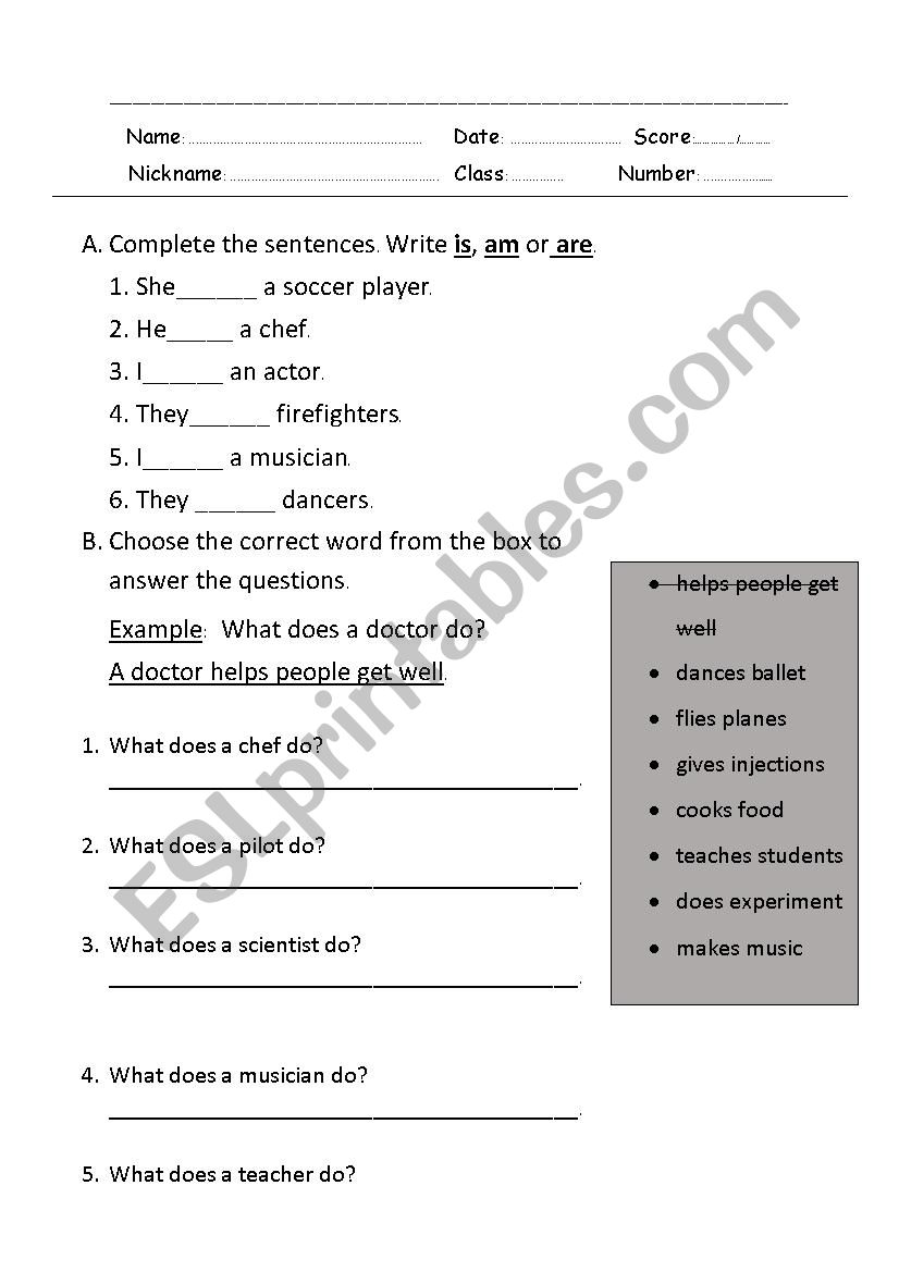 occupations and places worksheet
