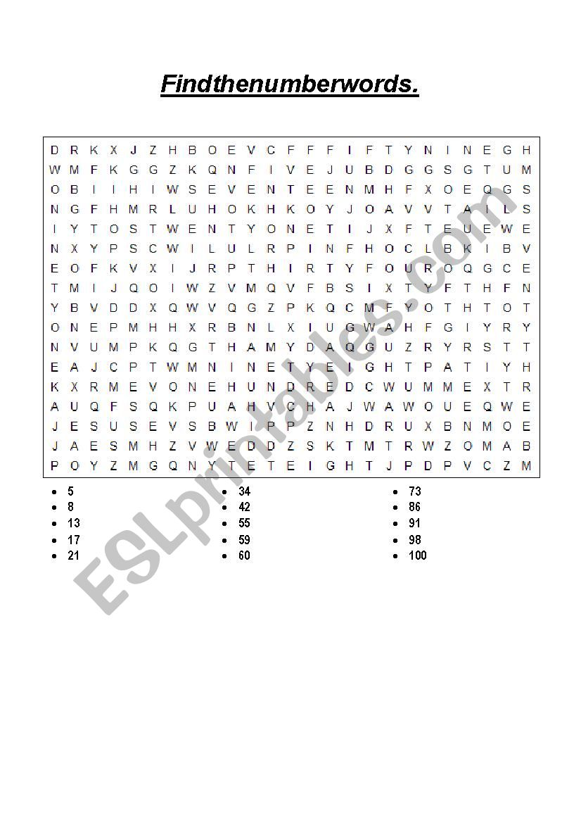 Word Search Numbers 1 100 ESL Worksheet By AnaCathyLC