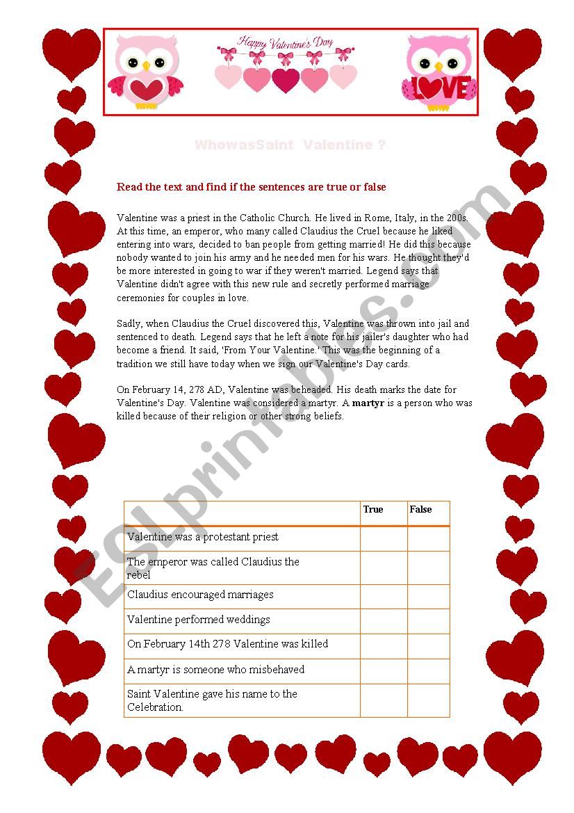 St Valentine´s day reading comprehension and vocabulary ESL worksheet