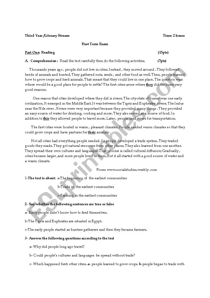 3rd year exam worksheet