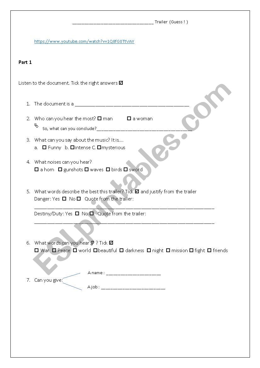 Wonder Woman Trailer worksheet