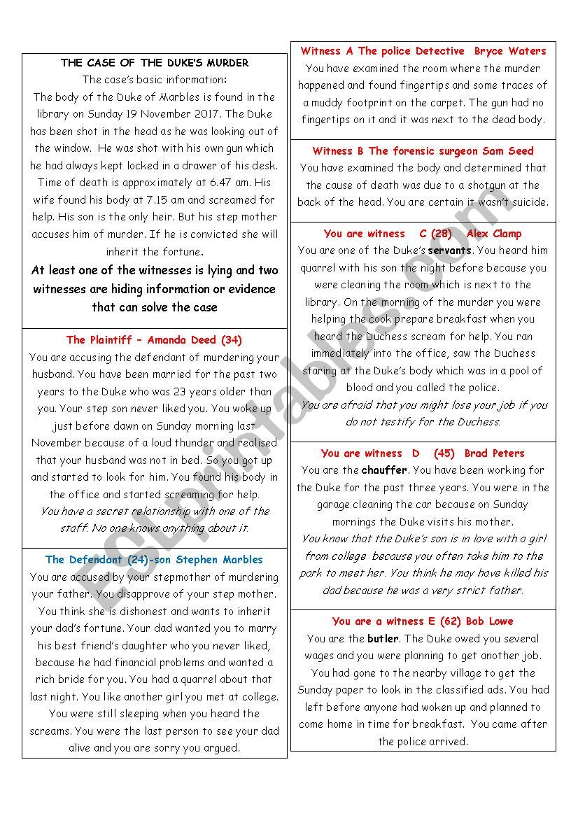 Mock Trial Case The Murder Of The Duke Of Marbles Esl Worksheet By Despinalina