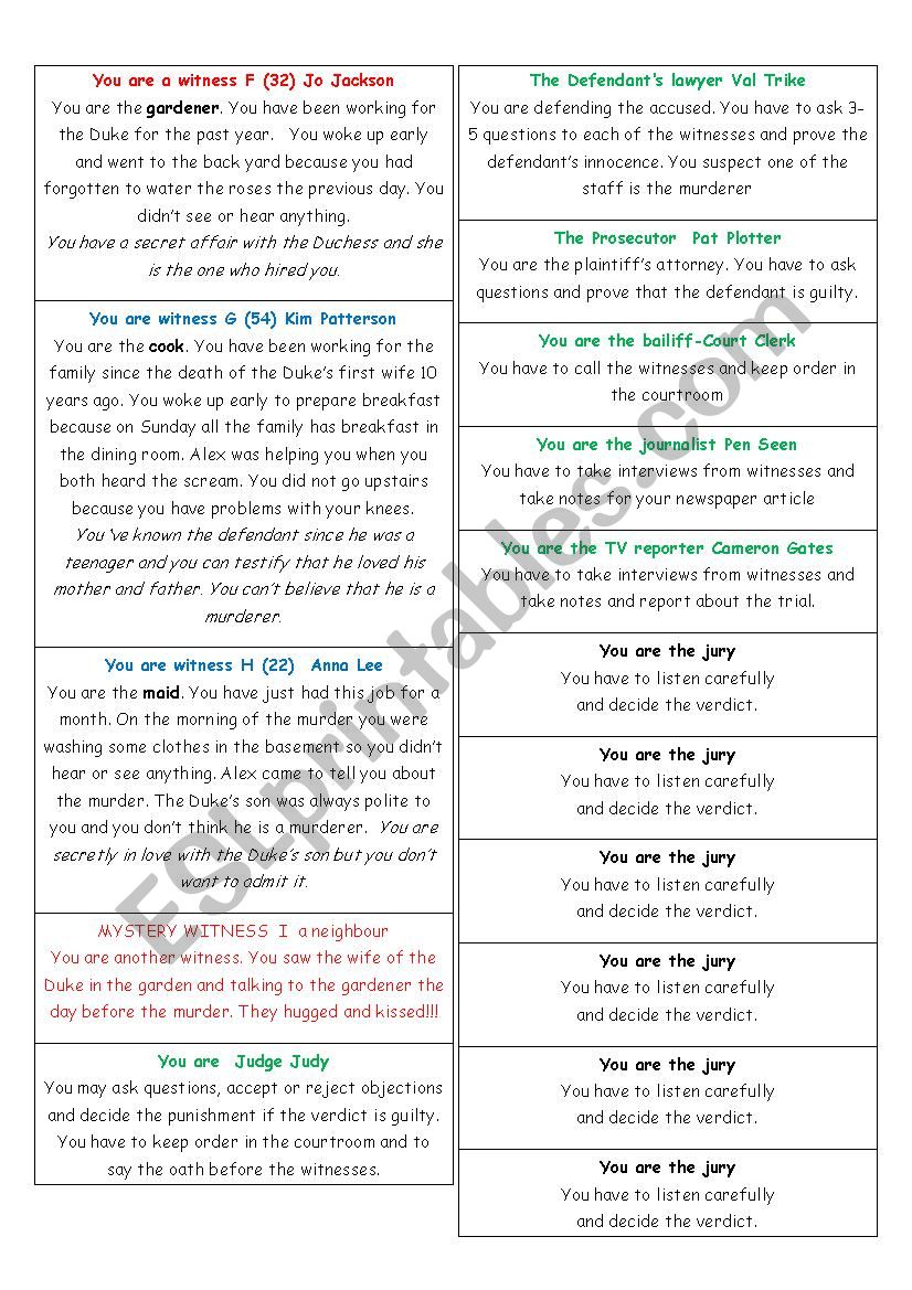 Mock Trial Case The Murder Of The Duke Of Marbles Esl Worksheet By Despinalina