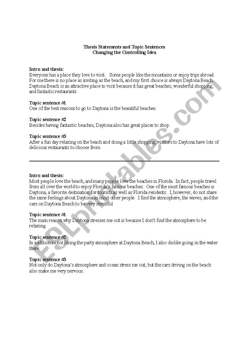 Thesis Statements and Topic Sentences - ESL worksheet by genkismommy