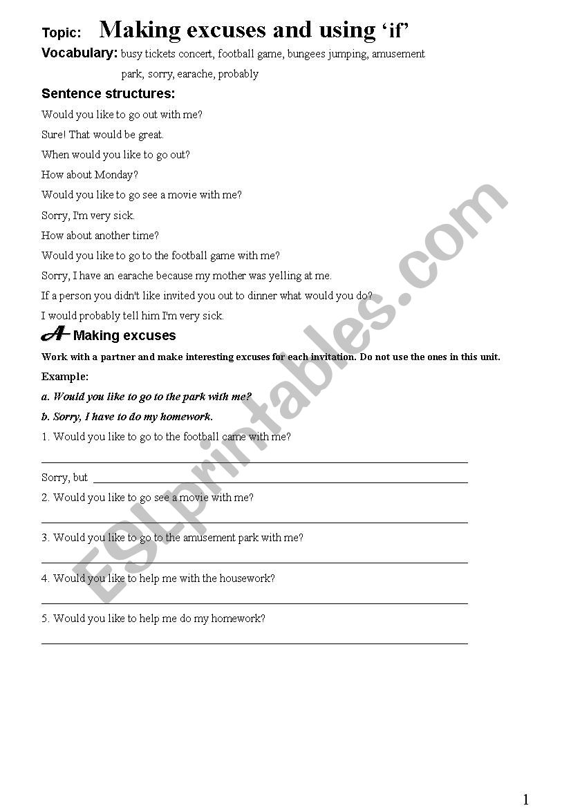 Topic: Making excuses and using ‘if’ - ESL worksheet by boro272727