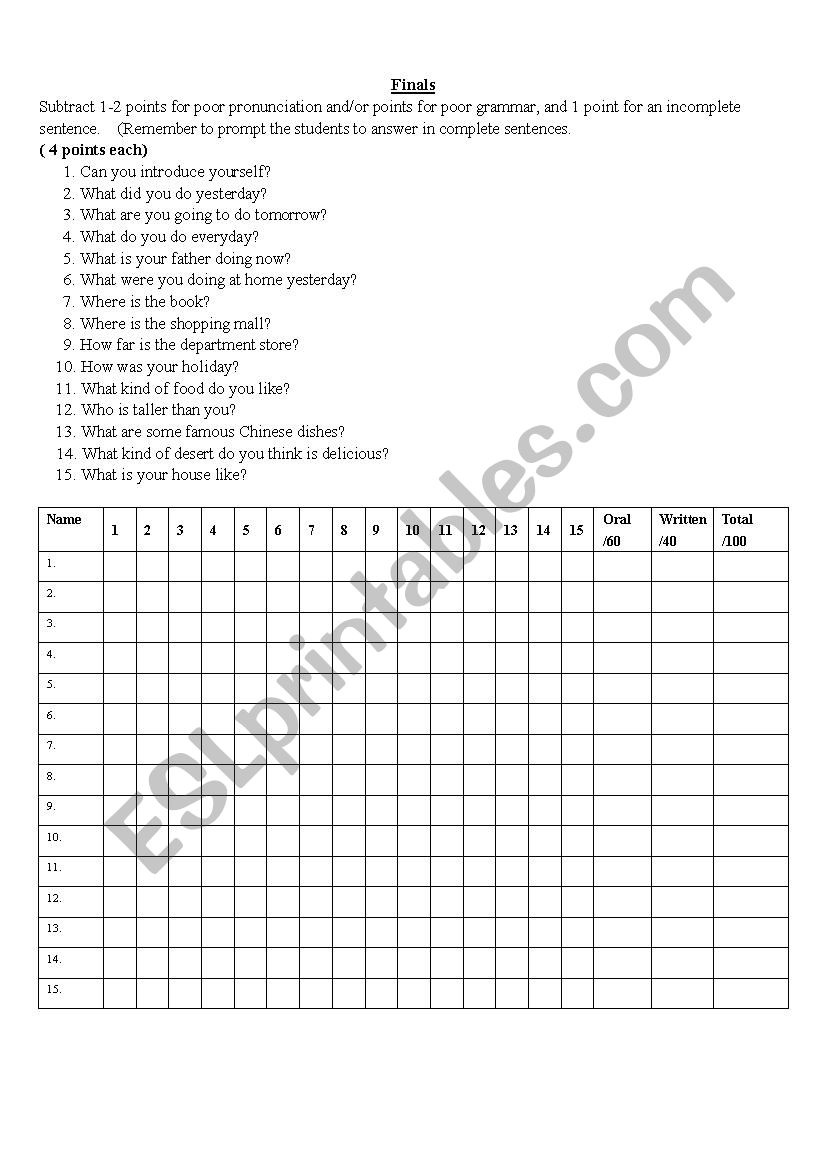 Final Test both oral and written for students of approx. 9 years of age