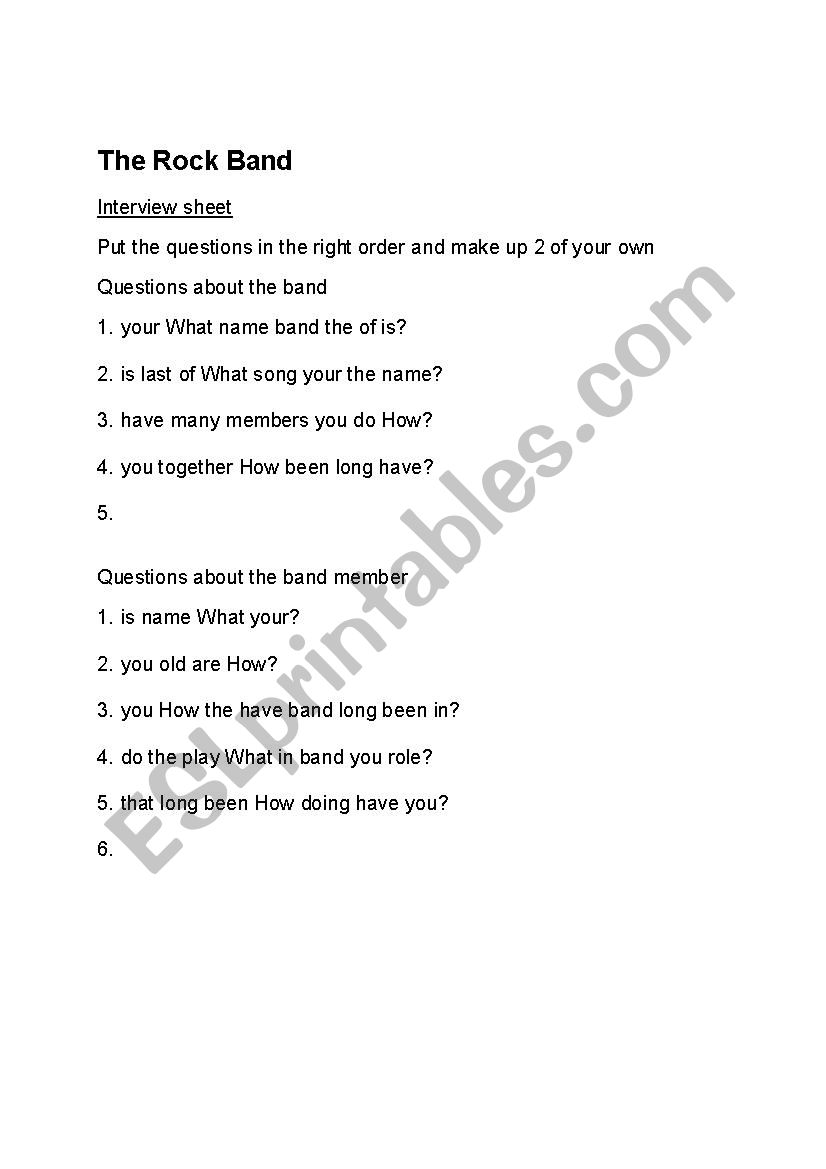 rock band questions worksheet